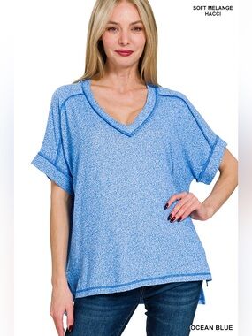 NWT ZENANA SOFT MELANGE HACCI V-NECK SHORT SLEEVE HI-LOW TEE